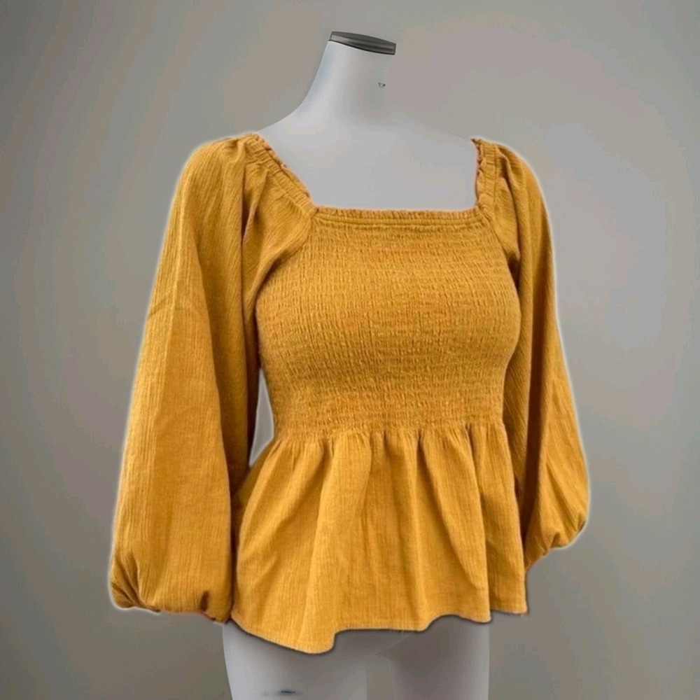 Madewell Smocked Peplum Top Mustard Mustard Cotton Puff Sleeve Blouse Size 6